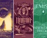 Copertine di libri fantasy: "La Ruota del Tempo", "Le Cronache di Narnia" e "The Inheritance Trilogy".
