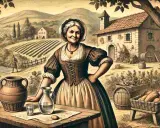 Una donna anziana, che ricorda Perpetua dei Promessi Sposi, sorride in un paesaggio rurale con vigneti e una cascata.