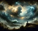 Un uomo osserva un mare in tempesta, fulmini squarciano il cielo. Un'immagine che evoca il **significato** di **Sturm und Drang**: passione, ribellione e la forza della natura.