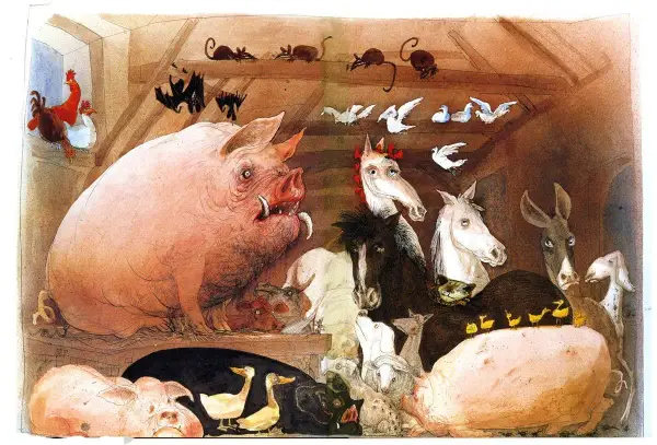 La fattoria degli animali, un'allegoria della rivoluzione russa, mostra maiali, cavalli, galline e altri animali in una stalla.