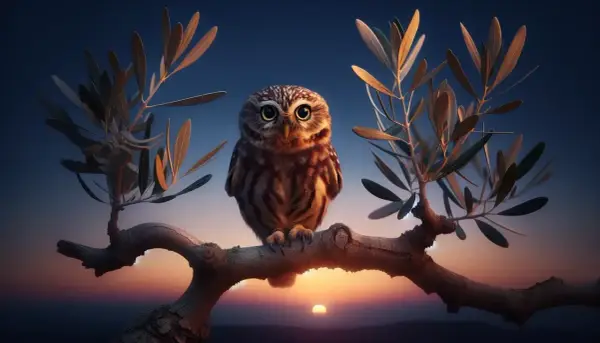 Un piccolo assiuolo, con occhi grandi e curiosi, siede su un ramo al tramonto. L'analisi della sua posa suggerisce tranquillità.