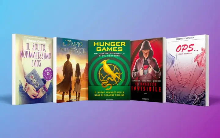 Libri per ragazzi scuola media: "Il solito, normalissimo caos", "Il tempio della fenice", "Hunger Games", "Il ragazzo invisibile" e "Ops...".