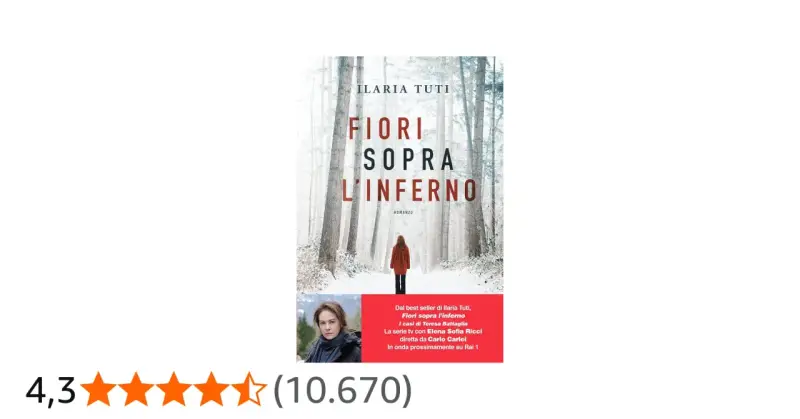 Copertina del libro "Fiori sopra l'inferno" di Ilaria Tuti. Una ragazza in rosso cammina in un bosco innevato. La trama del libro è un giallo avvincente.