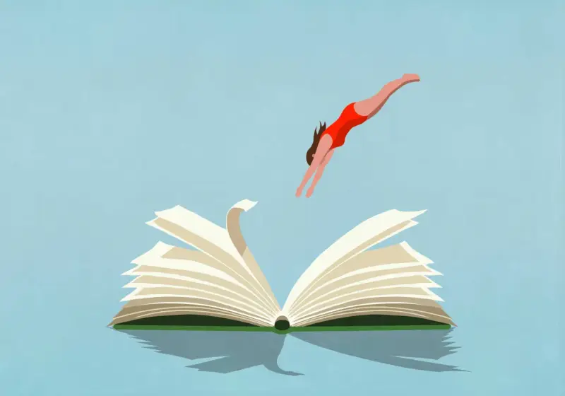 Una persona in costume da bagno rosso si tuffa in un libro aperto, simbolo di avvincenti libri che ti trasportano in mondi fantastici.