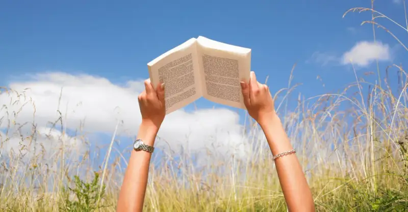 Mani che sorreggono un libro aperto contro il cielo azzurro, tra fili d'erba alta. Un momento di pace e apprendimento, magari con libri sulla salute mentale.